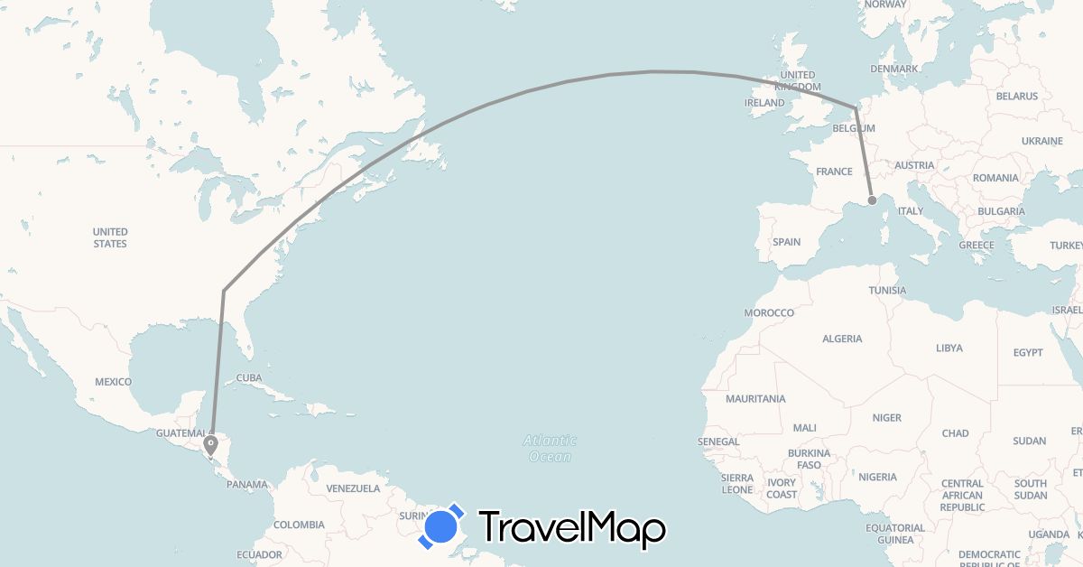 TravelMap itinerary: driving, plane in France, Nicaragua, Netherlands, United States (Europe, North America)